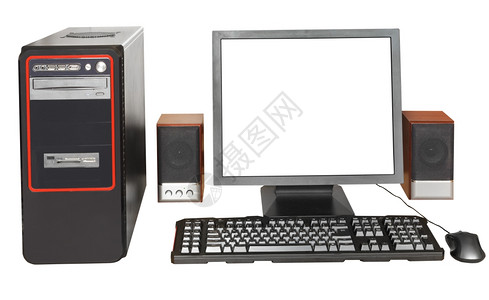 黑桌面计算机以剪切屏幕键盘鼠标白背景孤立的扬声器显示背景图片