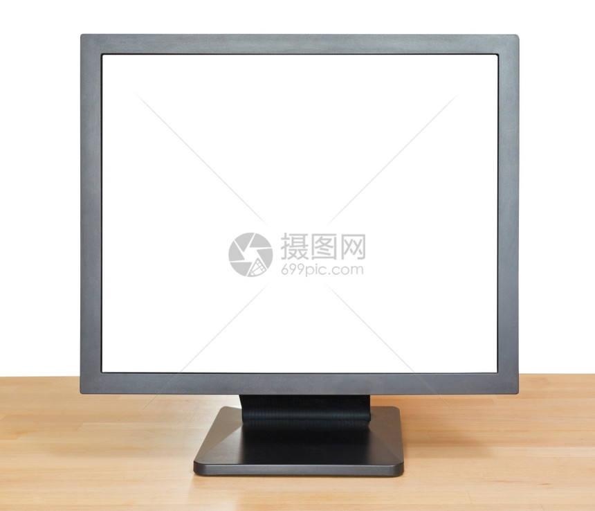 白色背景上孤立的木制表格上黑显示前面截断屏幕的黑显示视图图片