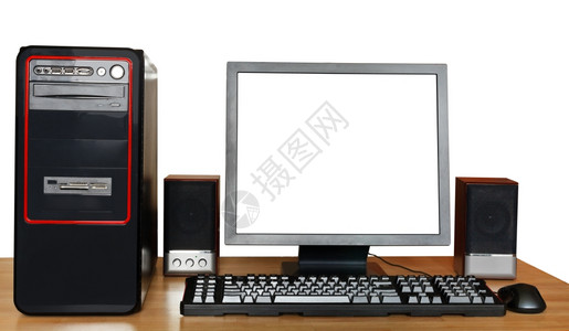 台式计算机用剪切的屏幕显示键盘鼠标白背景孤立的木制桌上扬声器图片