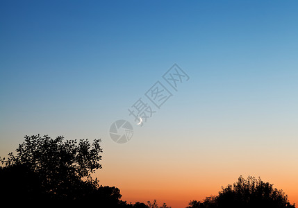 夏日落时暗蓝天空中的新月亮背景图片