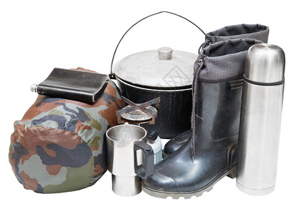 一套带有橡胶靴锅热水瓶罐睡袋白底隔离的燃气器旅游设备图片