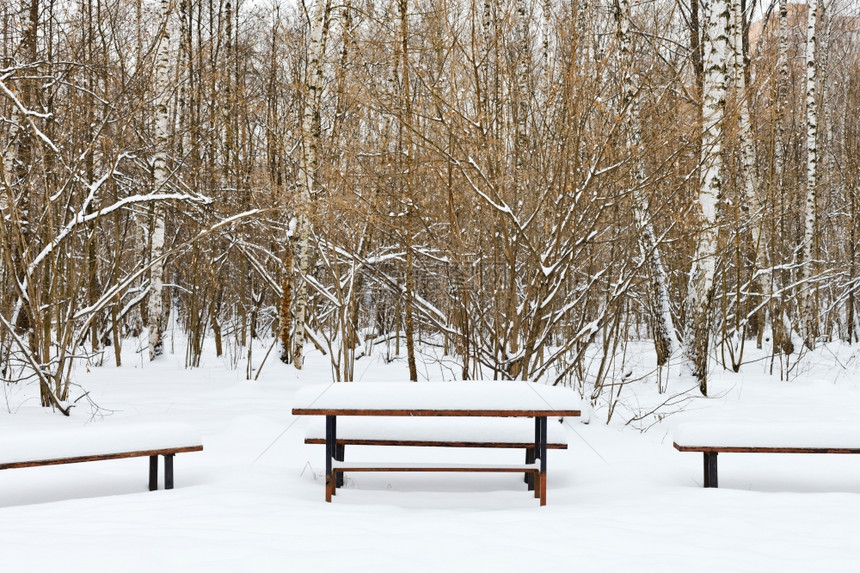 冬季城市公园休闲地的雪桌和长椅图片