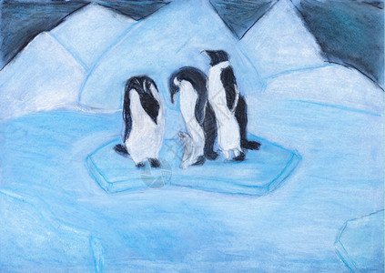 儿童绘画寒冷的蓝色夜晚在冰河上钓企鹅图片