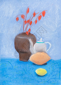 蓝色水壶儿童绘画与花瓶水壶柠檬一起生活背景