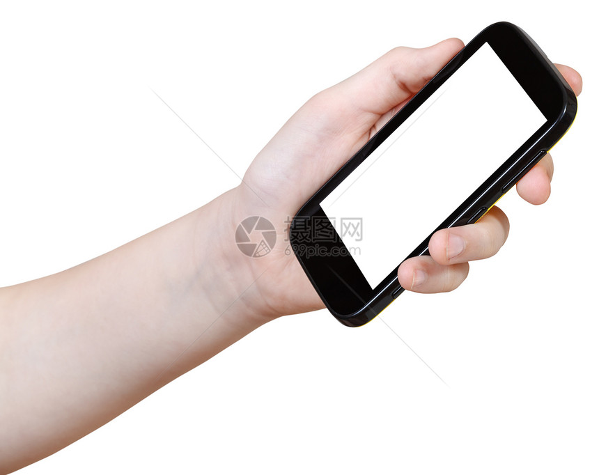 女孩拿着一部白色背景的手机手机上的屏幕被剪掉了图片