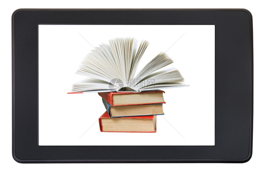 电子书阅读器屏幕上的堆积书以白色背景隔开图片