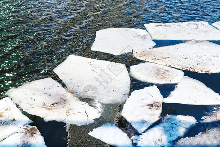 阳光明媚的春天河中融化的冰流图片