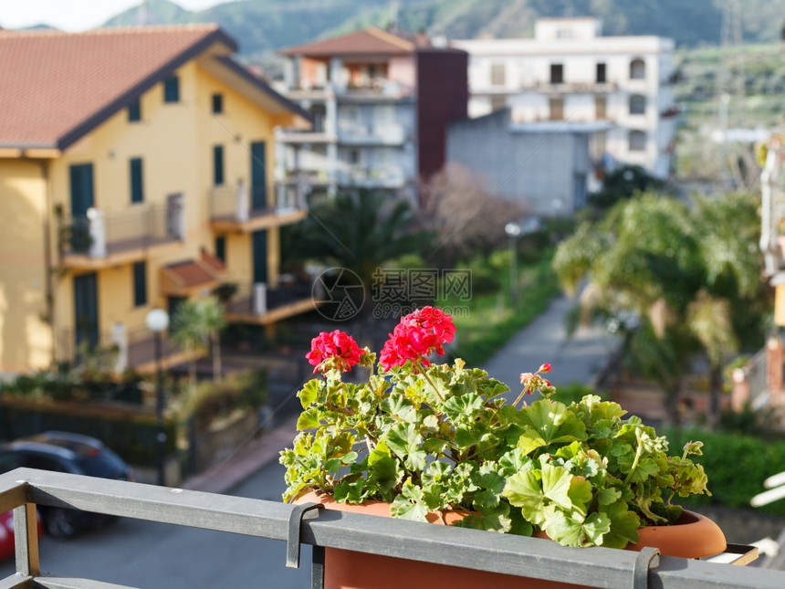 意大利西里Gaggi镇住宅阳台上的装饰花图片