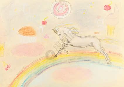 儿童在彩虹上用干糊面画童话独角兽背景图片
