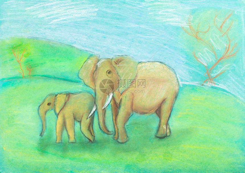 儿童绘画绿纸上用干糊在草原上用干糊纸在草原上用大象和婴儿一起画大象图片