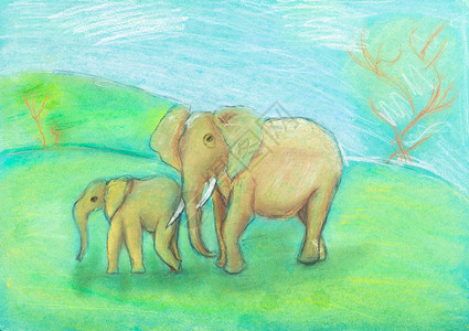 儿童绘画绿纸上用干糊在草原上用干糊纸在草原上用大象和婴儿一起画大象图片
