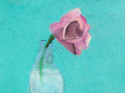儿童画绿纸上干糊面用玻璃瓶装一朵粉红玫瑰花背景图片