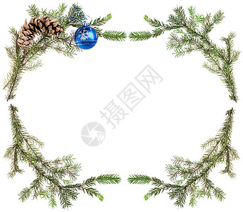 蓝色花环圣诞节贺卡框带锥和白底蓝球的树枝背景