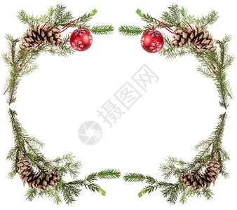 花环框圣诞节贺卡框白底带锥和红球的树枝背景