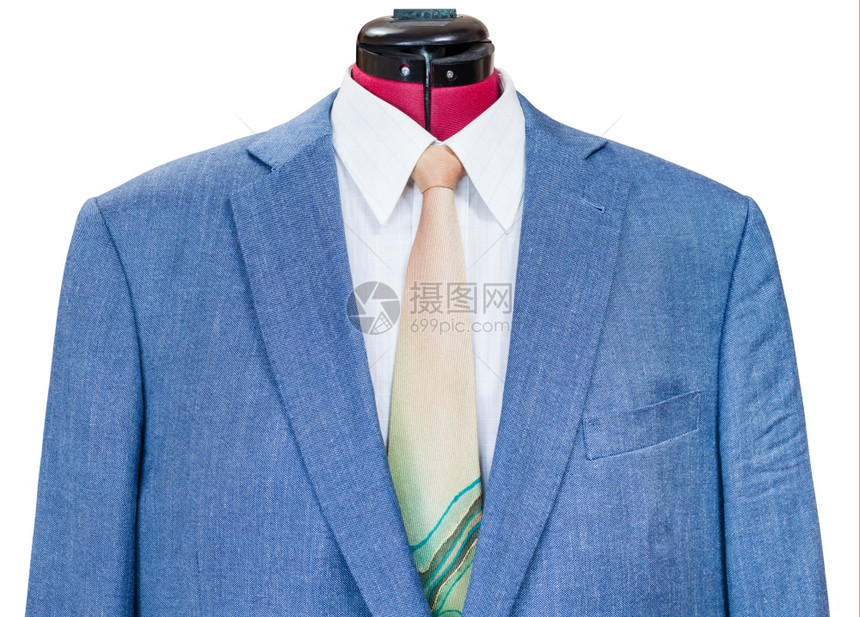 裁缝假人服装穿着衬衫的蓝色丝绸夹克和紧贴白色背景的身领带图片