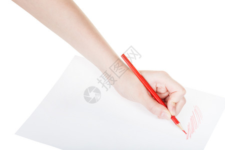白背景孤立的纸上红色铅笔的手绘画图片
