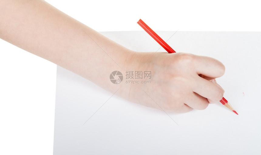 用红色铅笔写在白背景上隔绝的纸图片