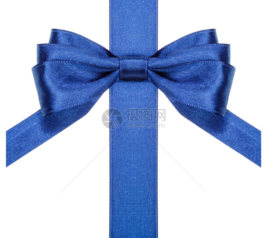 垂直丝带上截断端的对称蓝色坐侧弓紧闭白色背景的隔离图片