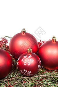 红圣诞装饰绿色生菜树枝白底隔离于图片