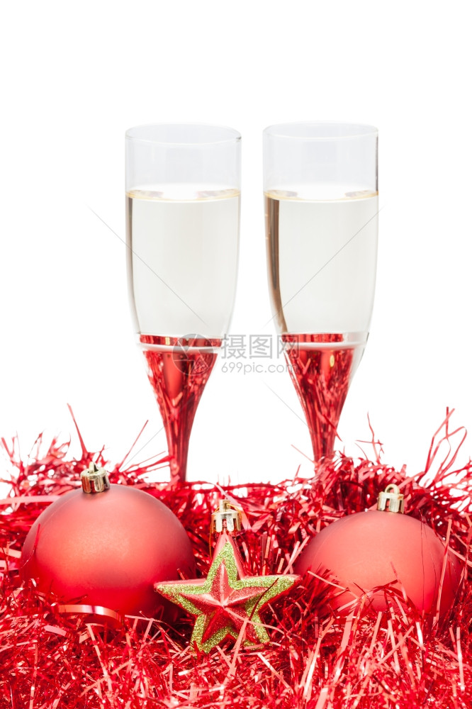 两杯香槟和红圣诞奖的明星图片