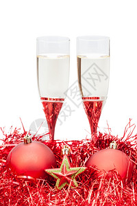 两杯香槟和红圣诞奖的明星图片