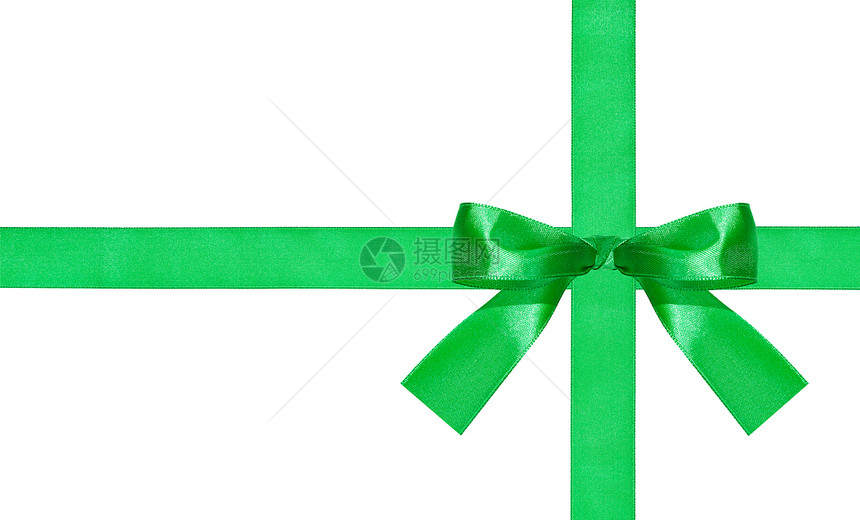 一只绿色的蝴蝶结在白色背景上被孤立的两条刺带上图片