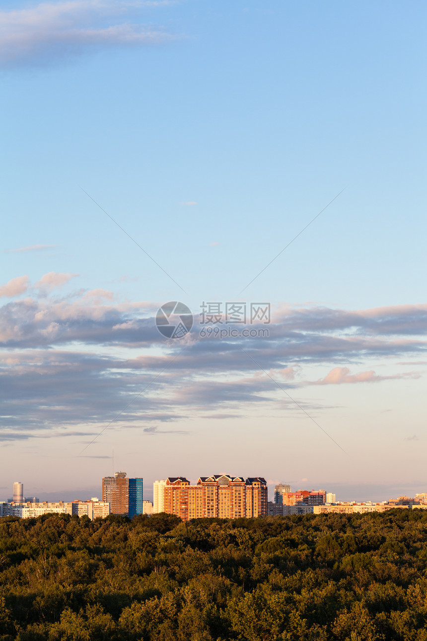 夏天晚上在蓝下建造的林木和公寓图片