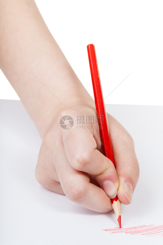 用白色背景上隔绝的纸简单红色铅笔画手图片