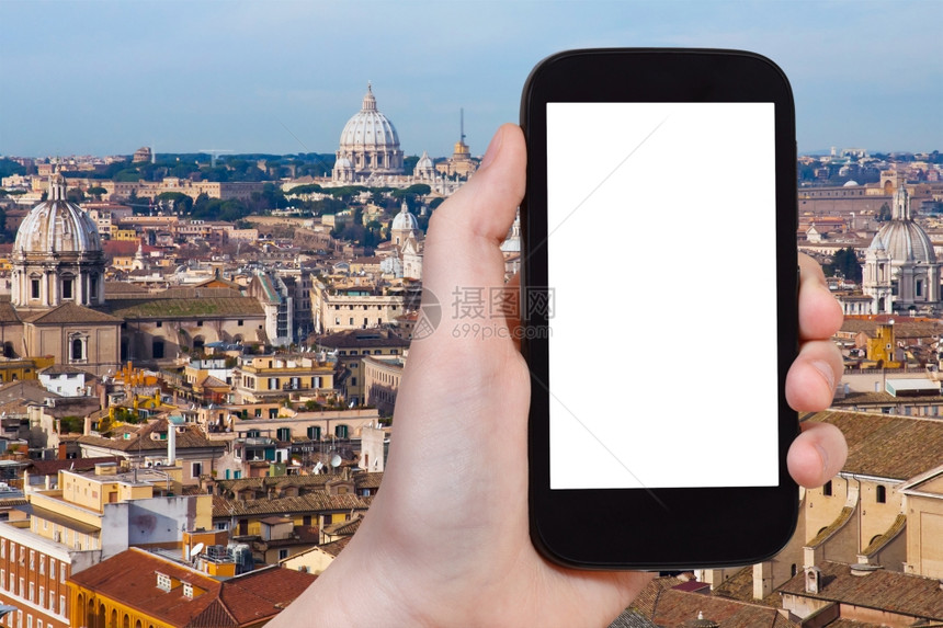 旅行概念手持智能机剪屏幕背景为罗马市风图片
