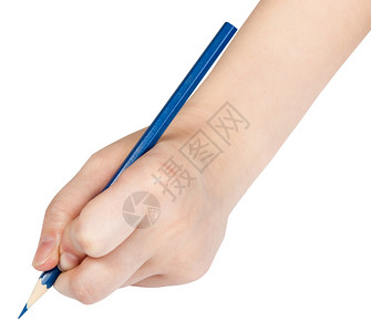 用蓝色铅笔写手孤立在白色背景上图片