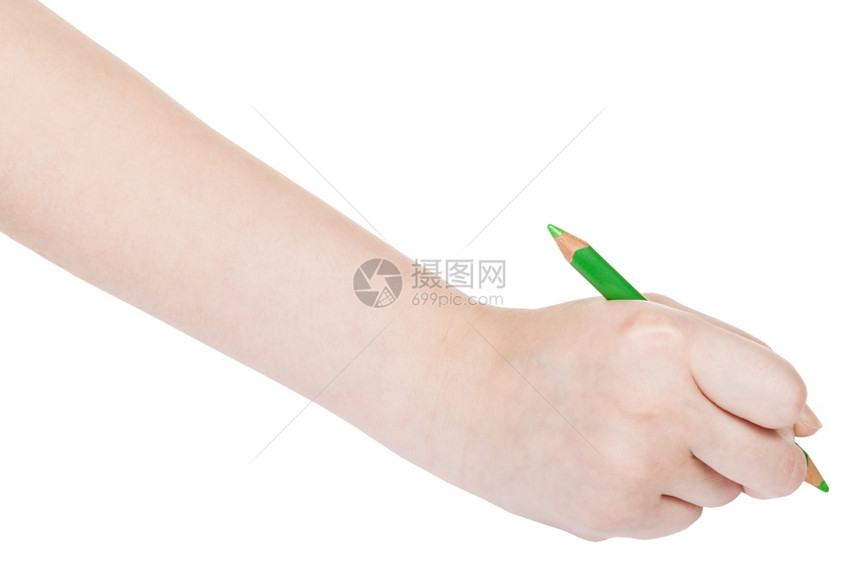 白背景上隔离的绿色铅笔手工涂画图片