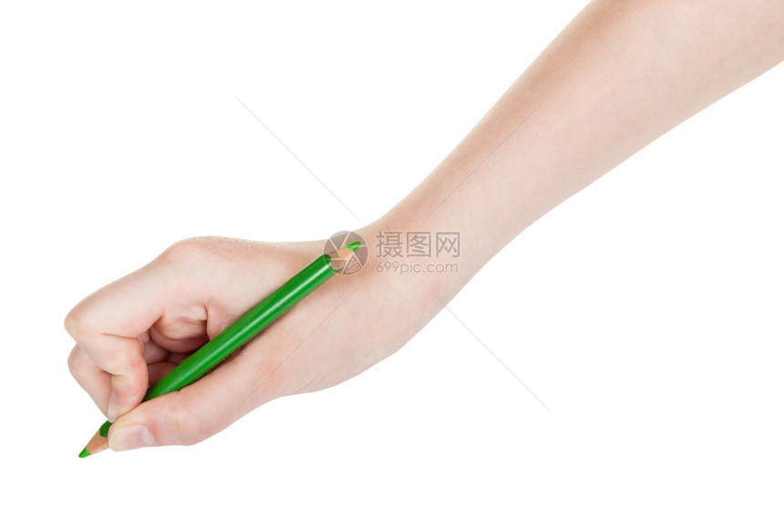 白色背景上隔离的绿色铅笔手绘画图片