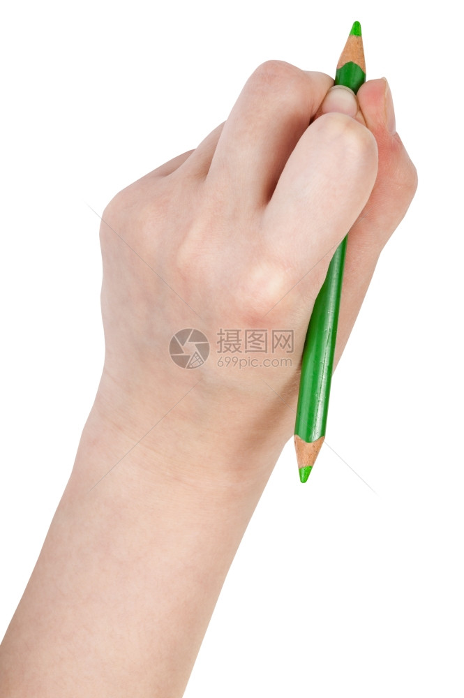 白色背景上隔绝的绿色铅笔绘制手画图图片