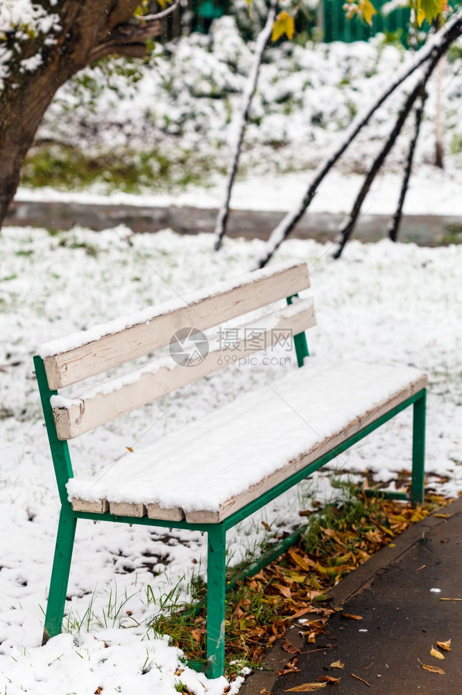 秋天在市政公园的椅子上第一次下雪图片