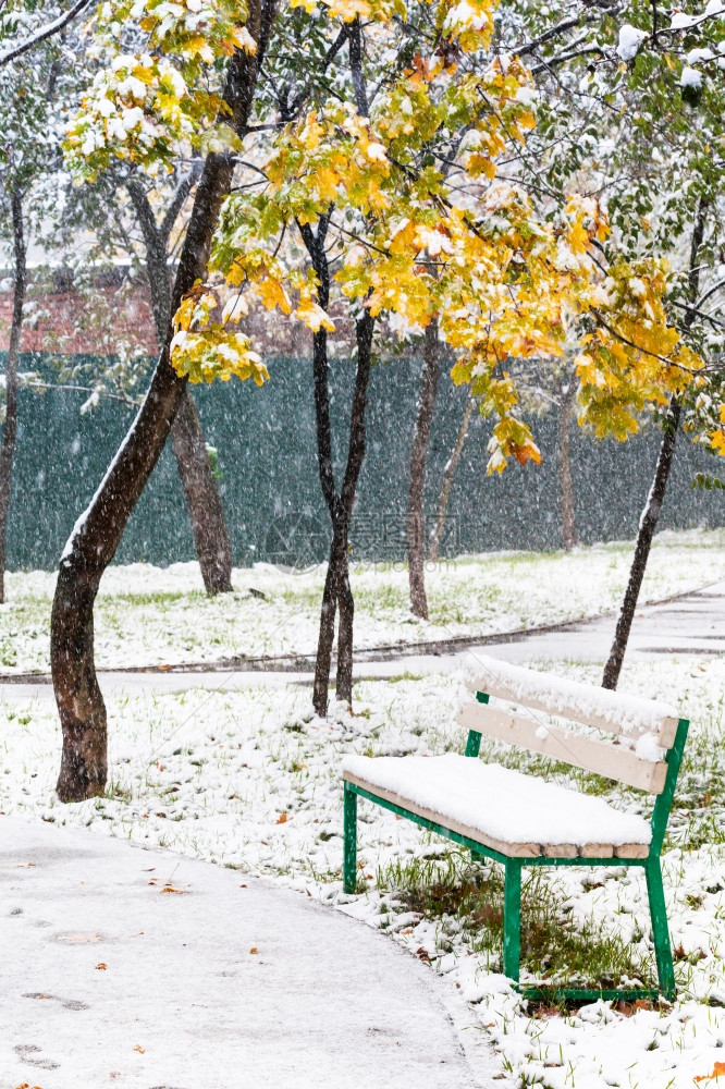秋天第一次降雪下城市公园的空凳子图片
