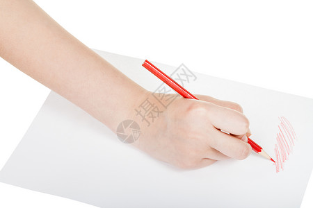 在白色背景上孤立的纸用红色铅笔画手图片