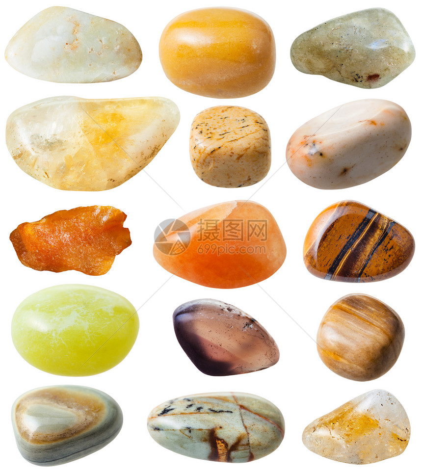 天然矿物宝石由15个黄宝石和棕制成这些是白底孤立的由15个黄宝石和棕制成图片