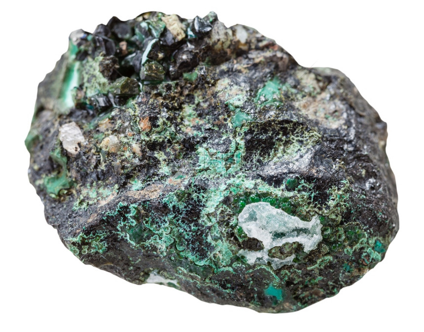 收集自然岩石的宏观白底与马拉奇特矿物石分离的马拉奇特矿物石一起钻图片