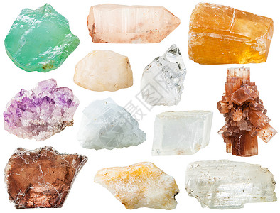 白云母各种透明的矿物岩石和块白底孤立的石墨夸尔茨铁石铬岩晶巨冰地阿拉贡混凝土膏宝背景
