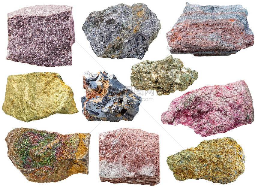 各种光泽矿物岩石和石头明矾石方铅矿铁质石英岩黄铜矿黄铁矿eudialyteaventurine宝石分离在白色背景图片