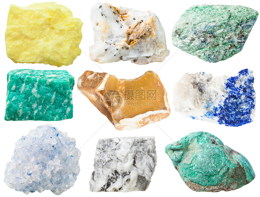 各种矿物岩石和头的集合物硫磺石灰FuchsiteamazoniteFartint含铁石晶体的硫化物锡石晶Celestine巨石马图片