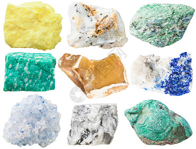 各种矿物岩石和头的集合物硫磺石灰FuchsiteamazoniteFartint含铁石晶体的硫化物锡石晶Celestine巨石马背景图片