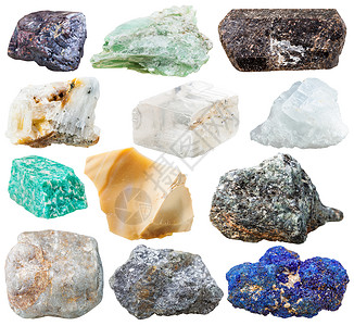 各种天然岩石和头纵深的浮石土硫酸阿苏铁加莱纳冰地石杯亚马松巨金火白背景的宝石背景图片