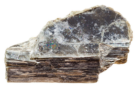 天然矿物石的宏观拍摄白色背景上分离的白云母二八面体云母普通云母云母钾云母石背景