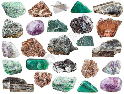 各种天然矿石微粒宝和岩白本上分离的微粒石混凝土硫化物铬矿生土石背景图片