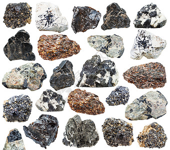 各种天然矿石白底隔离的钛矿石针叶百草枯硝酸苯背景
