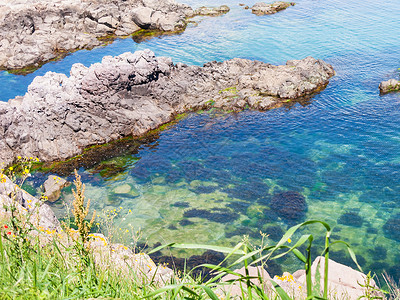 保加利亚黑海岸边度假胜地索佐波尔镇附近黑海沿岸的岩石上图片
