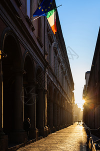 东尼博赞秋天在博洛尼亚市大学区的ViaZamboni照亮太阳光背景