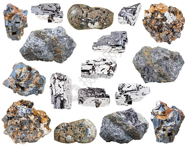 白色背景上分离的各种焦蓝加仑石铅透视矿物石图片