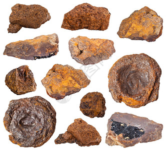 收集各种棕色豪华轿车焦铁矿石在白色背景上分离的矿物石图片